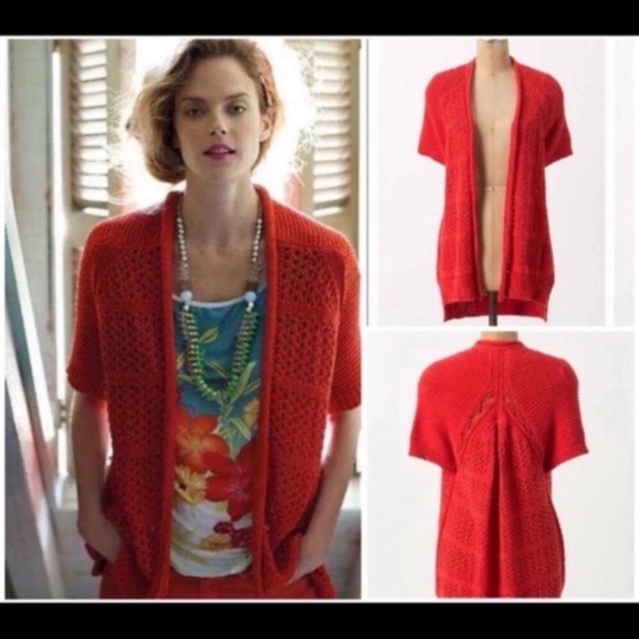Anthropologie Sweaters - Anthropologie Guinevere Small In Summary Orange Short Sleeve Open Front Cardigan